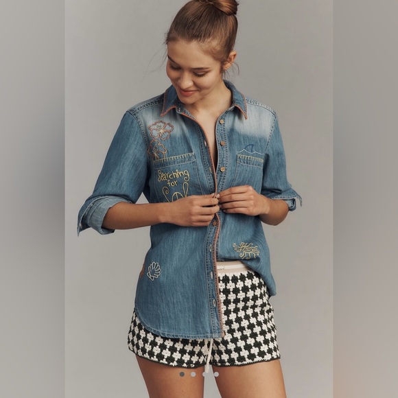 Pilcro Long-Sleeve Embroidered Icon Denim Buttondown Shirt from Anthropologie M - Picture 2 of 8